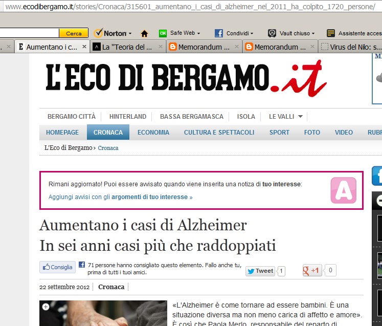 Articolo Edo di Bergamo su casi alzheimer