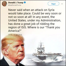 Donald Trump con un tweet chiarisce sull’attacco alla Siria